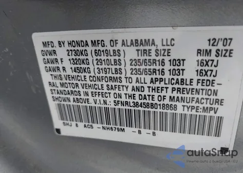 2008 Honda Odyssey Ex from USA, damaged, VIN 5FNRL38458B018868